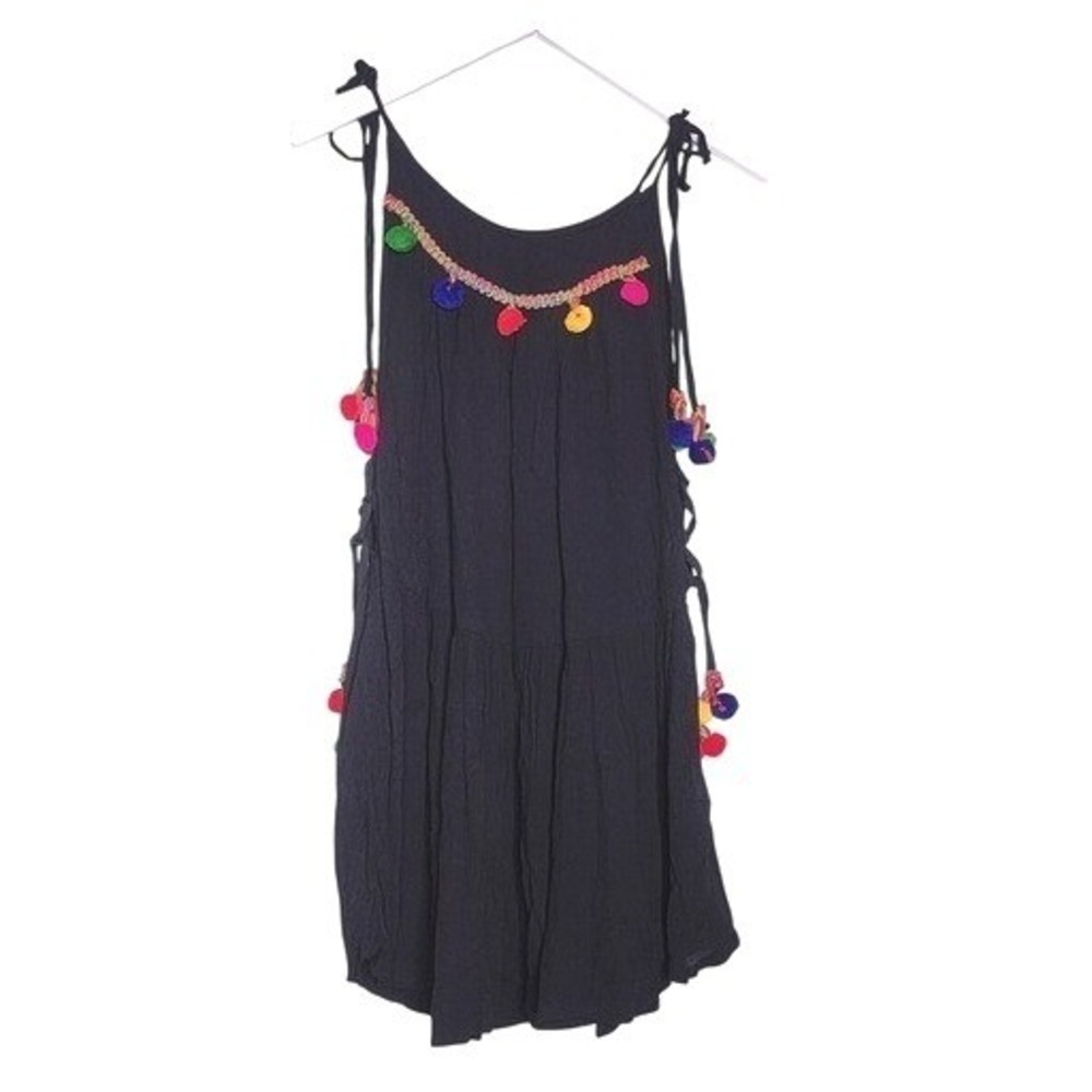 Raga Black Pom Pom Tie Strap Sundress Coverup Boho Festival Coastal Beach Mini M